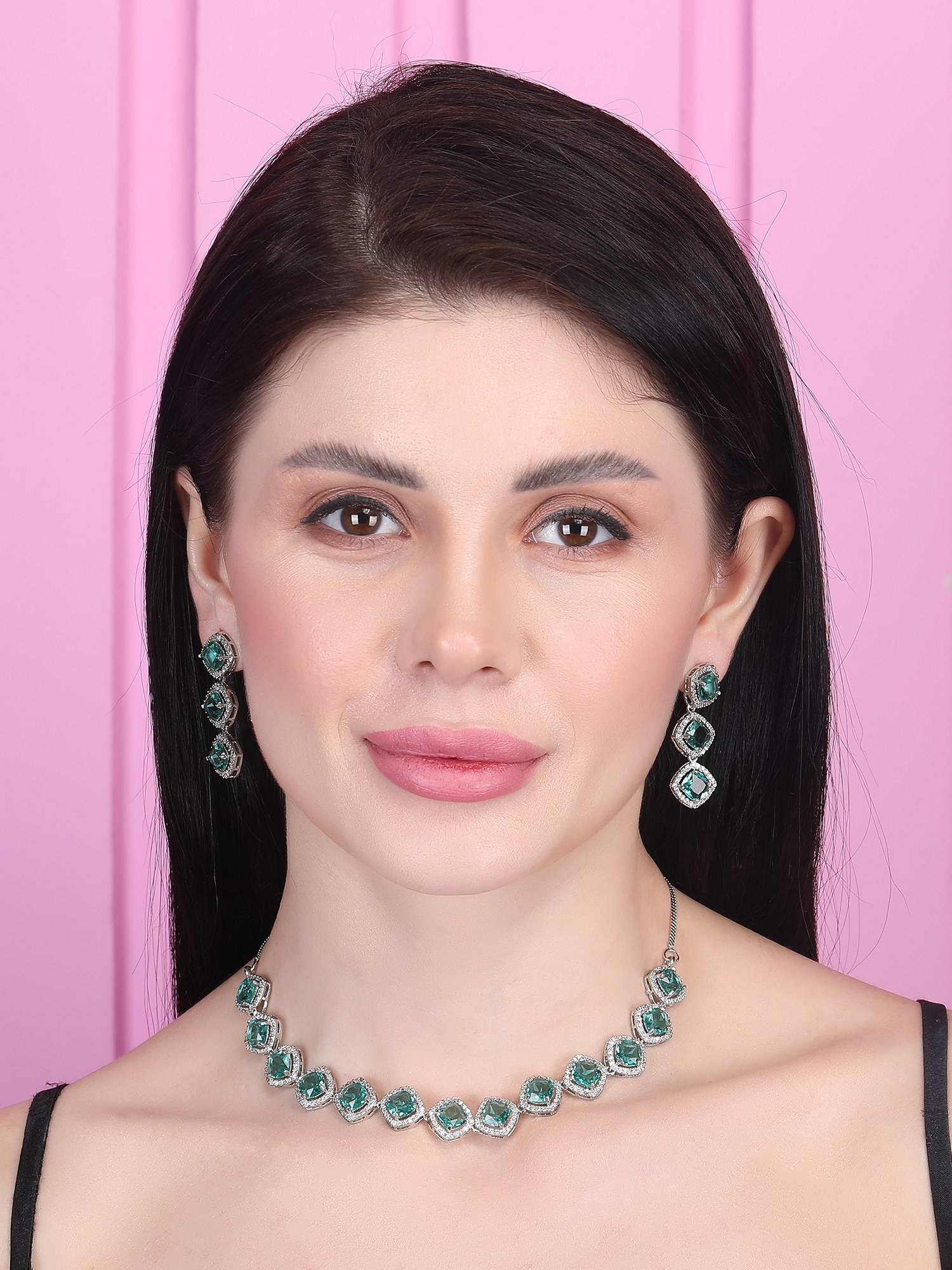STILEADDA Crystal Green Cz-Ad Subtle Necklace Set