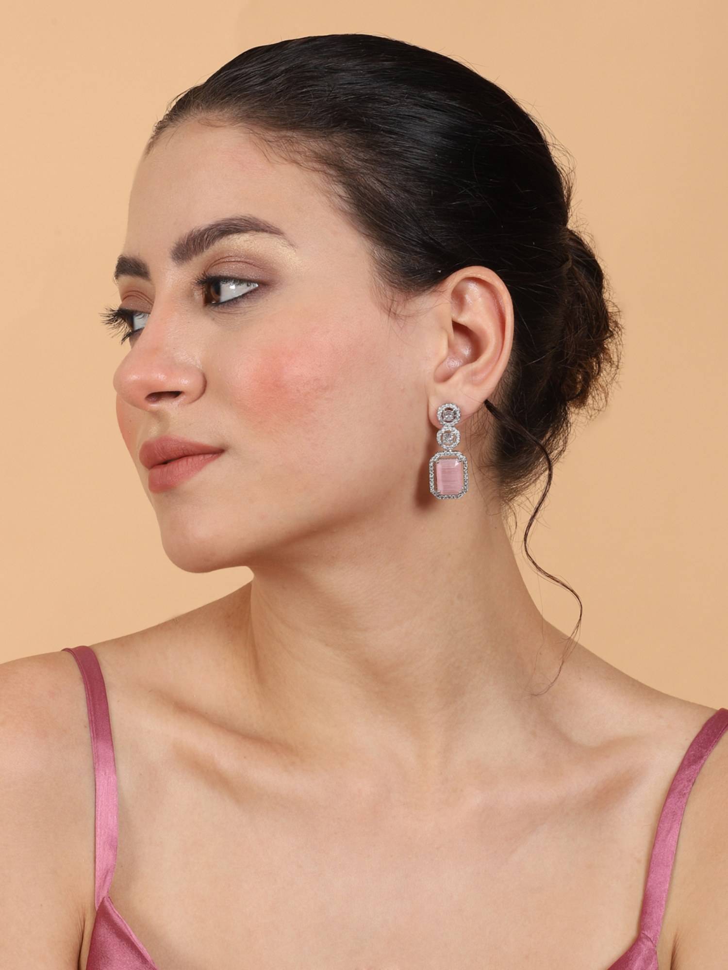 STILEADDA Silver Plated Minimalist Pastel Pink Cz Drop Earrings