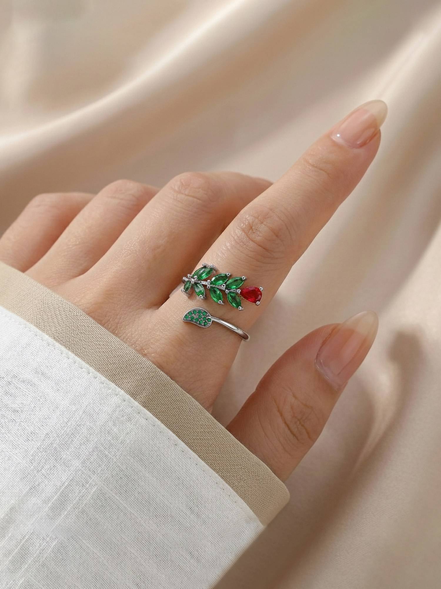 Designs & You Silver-Plated Red-Green Stone Adjustable Ring