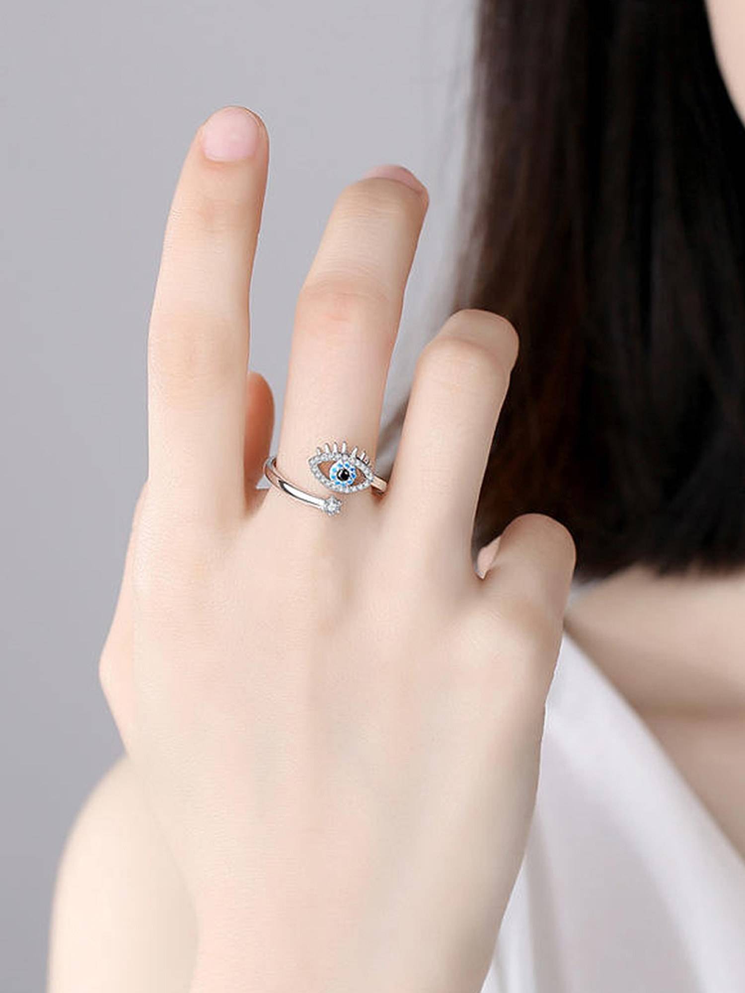 Designs & You Silver Plated Evil Eye Themed Stone Studded Adjustable Ring
