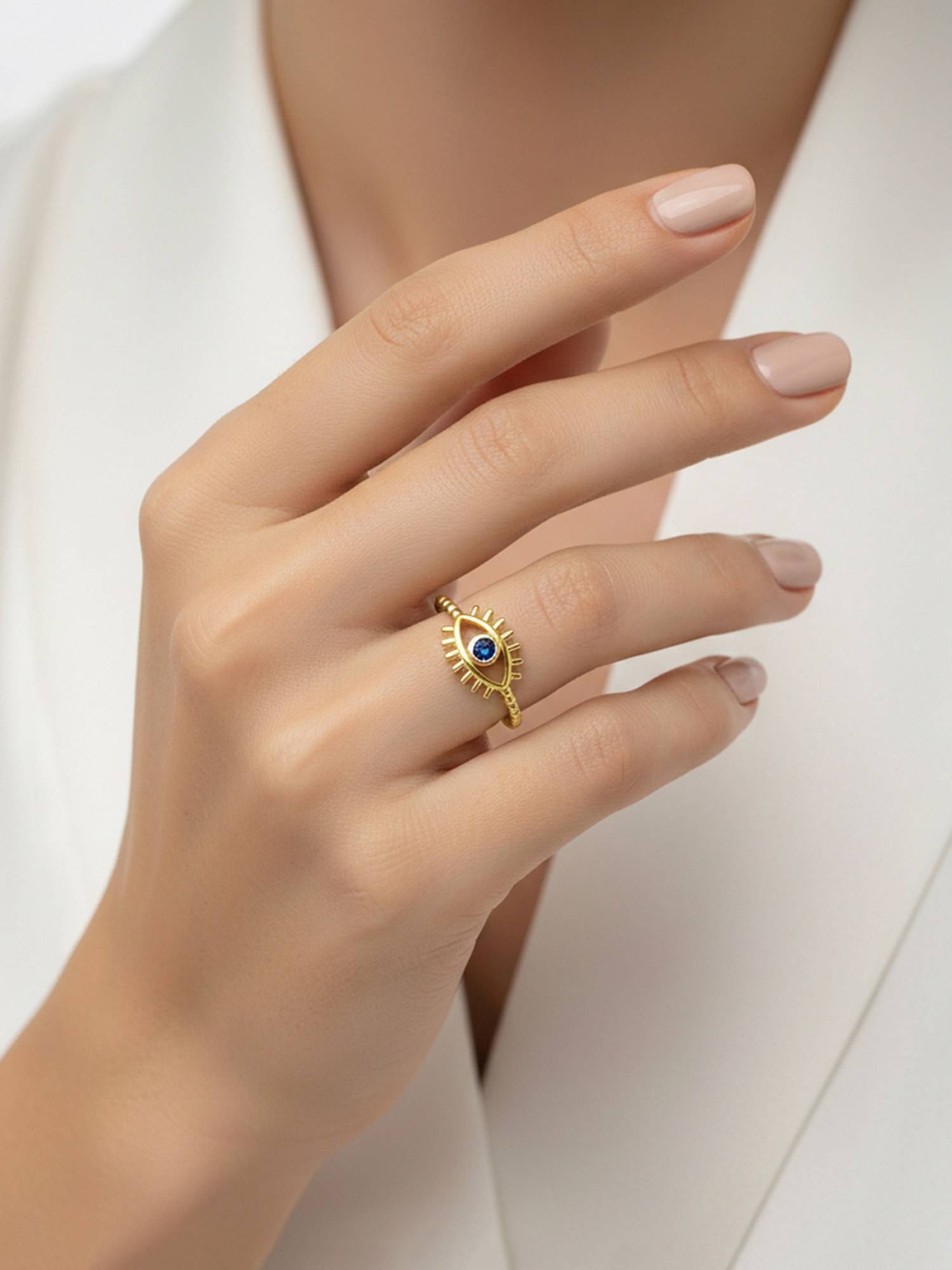 Designs & You Gold Plated Blue Stone Evil Eye Themed Adjustable Ring