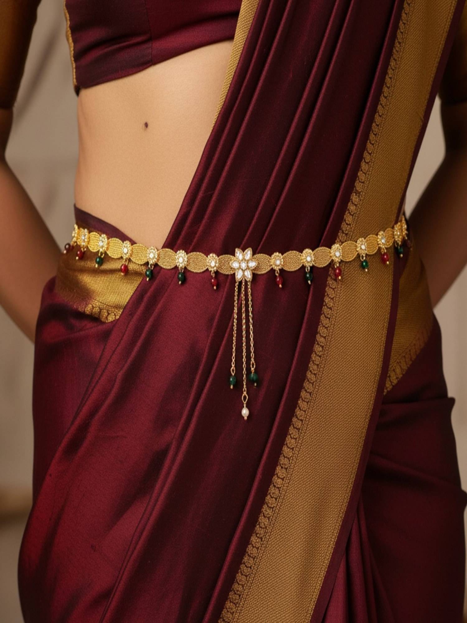 Accessher Gold Plated Floral Stone Studded Traditional Kamarbandh