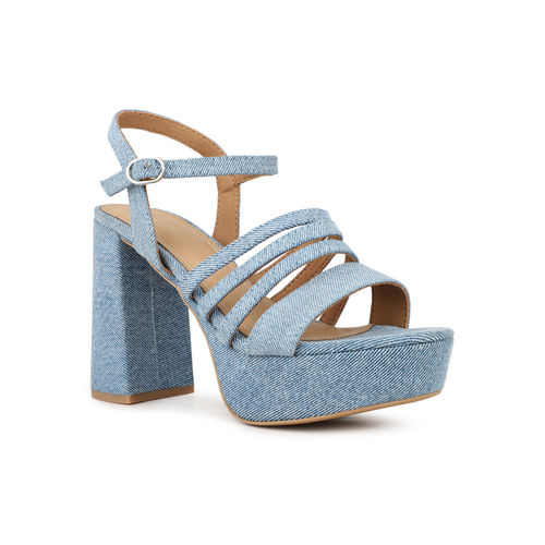 Buy Women Blue Party Wear Striped Round Toe Block Sandal