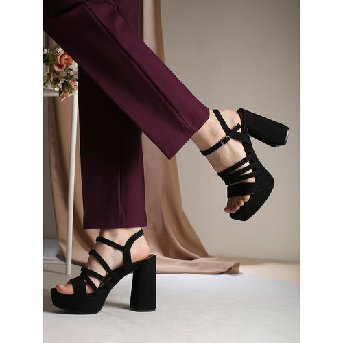 Buy Women Black Party Wear Striped Round Toe Block Sandal - Main Image