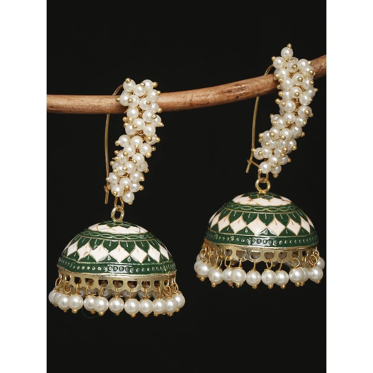 OOMPH Green & White Meenakari Enamel Pearls Large Ethnic Jhumka Earrings
