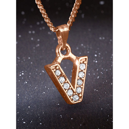 Estele Rose Gold Plated Premium Bijou V Letter Crystal Pendant with Chain  for Women