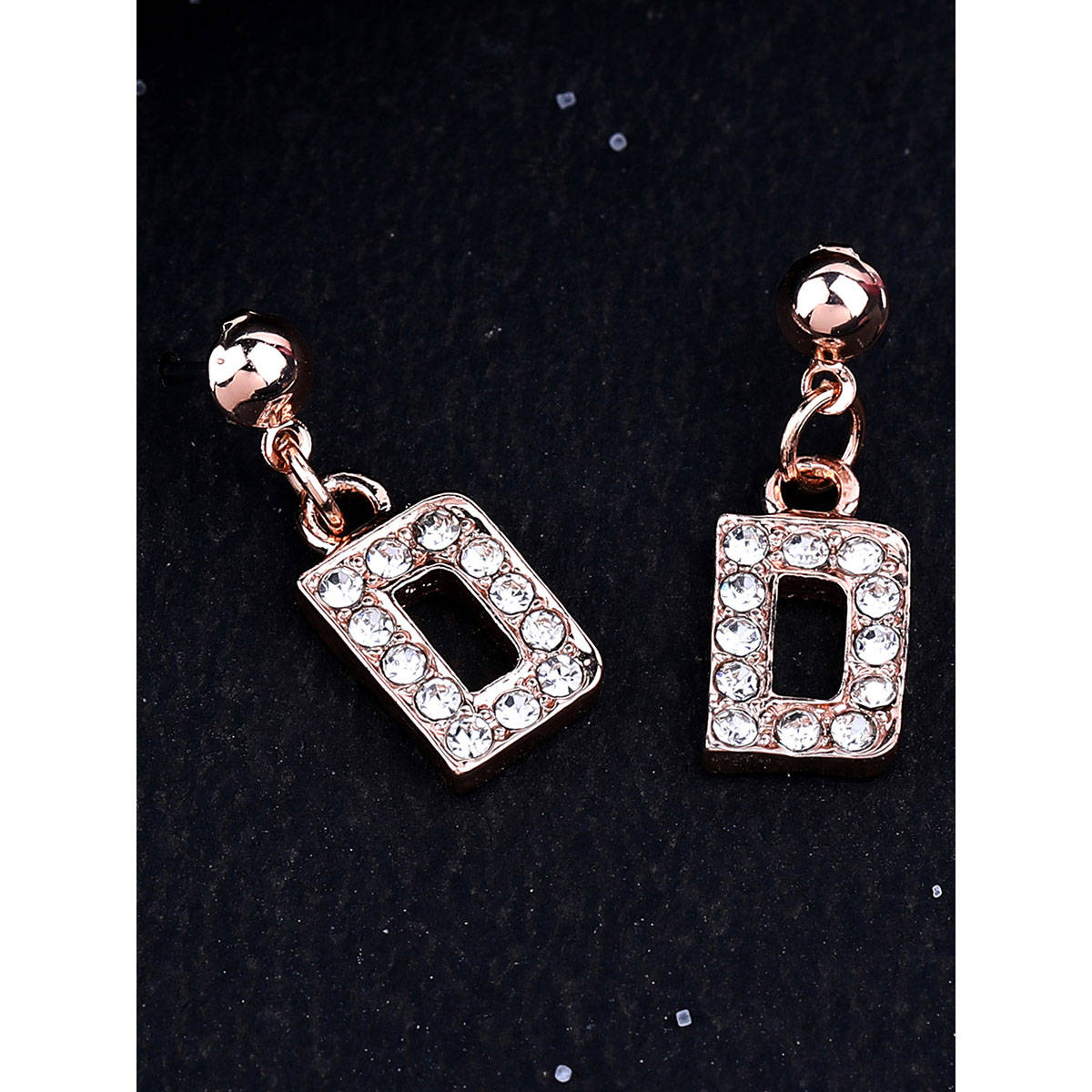 Estele Rose Gold Plated Magnificent Medium D Letter Earrings with Crystals for Women