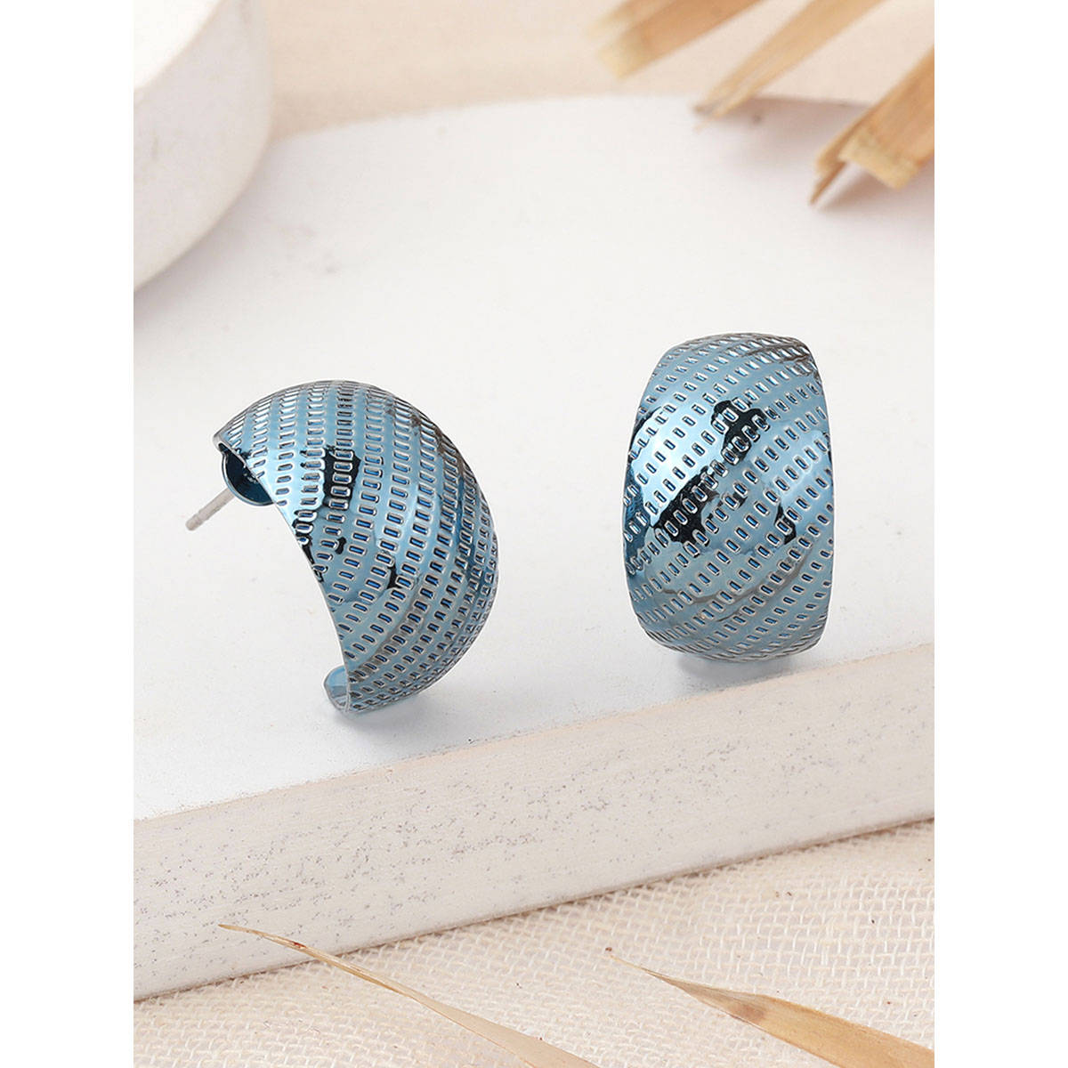 Estele Cobalt Blue Pattern Pretty Half Hoop Earrings for Women