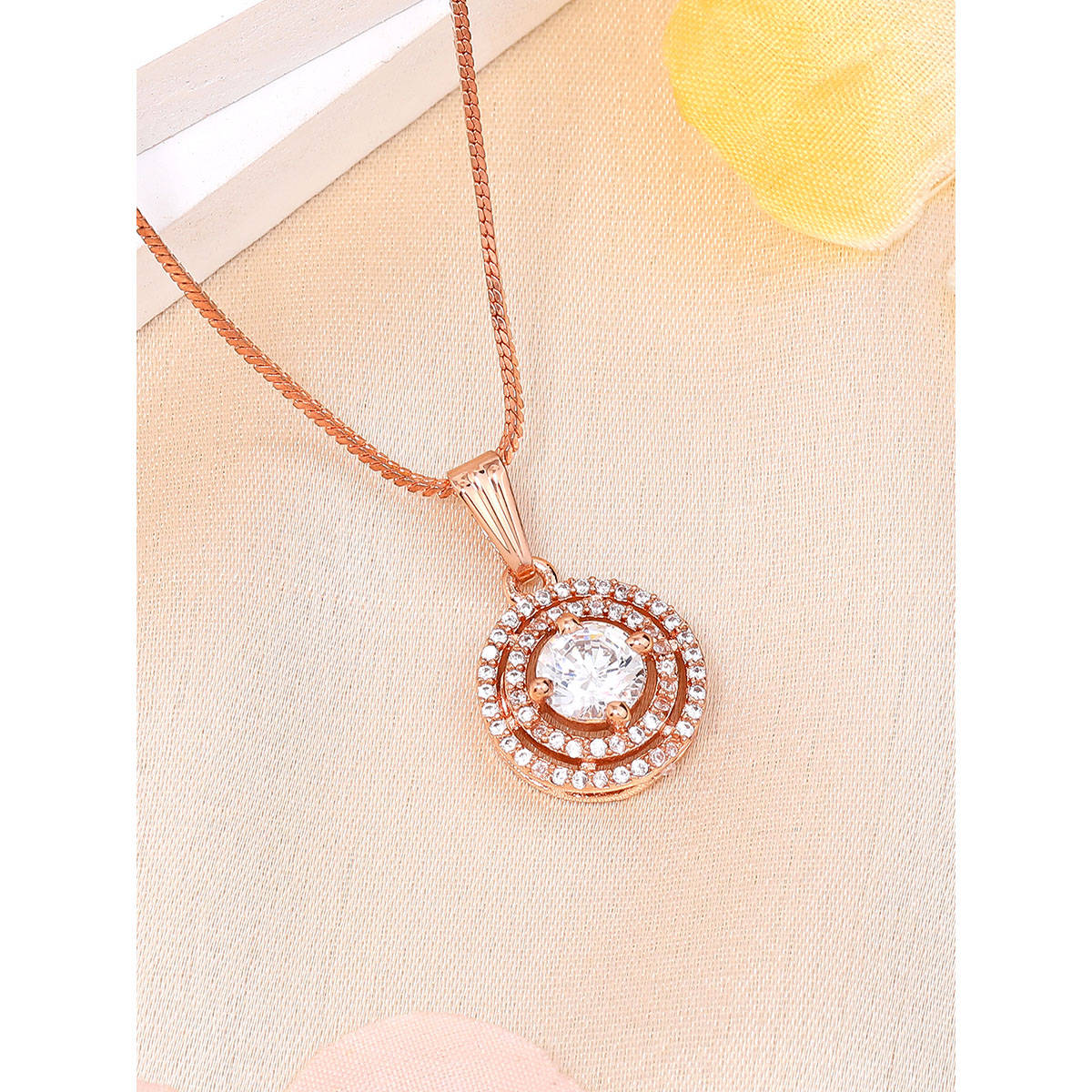 Estele Rose Gold Plated Dual Circular Design Cz White Gehenna Necklace