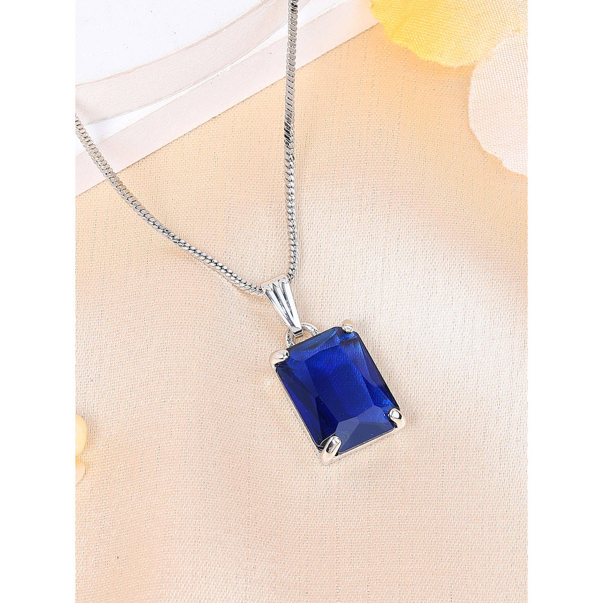 Estele Rhodium Plated Cz Blue Solitaire Square Cut Gehenna Necklace