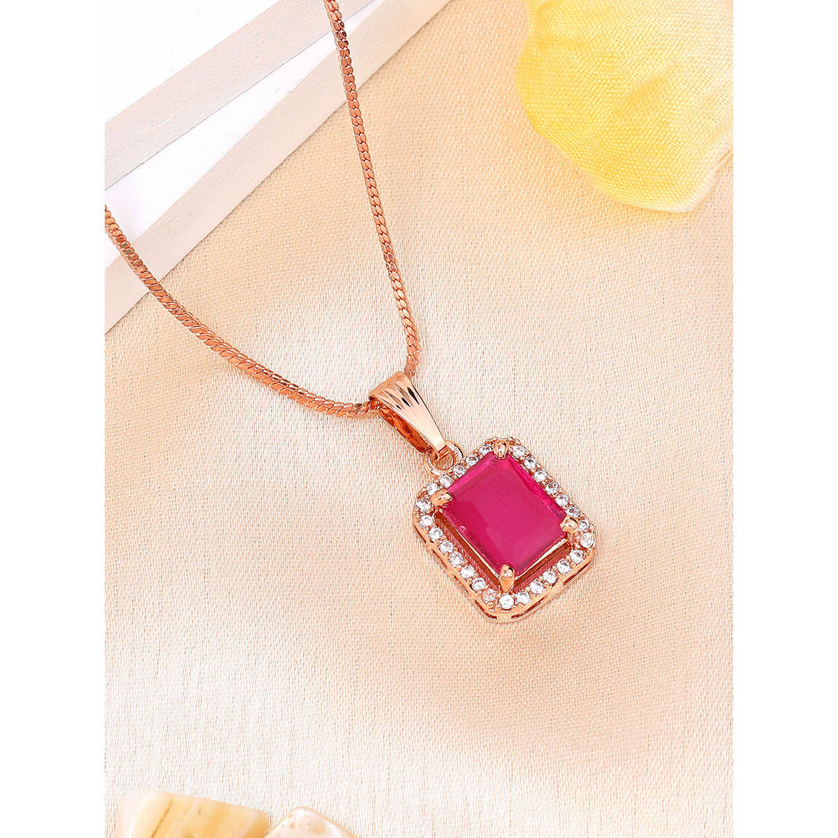 Estele Rose Gold Plated Halo Square Design Cz Ruby Gehenna Necklace