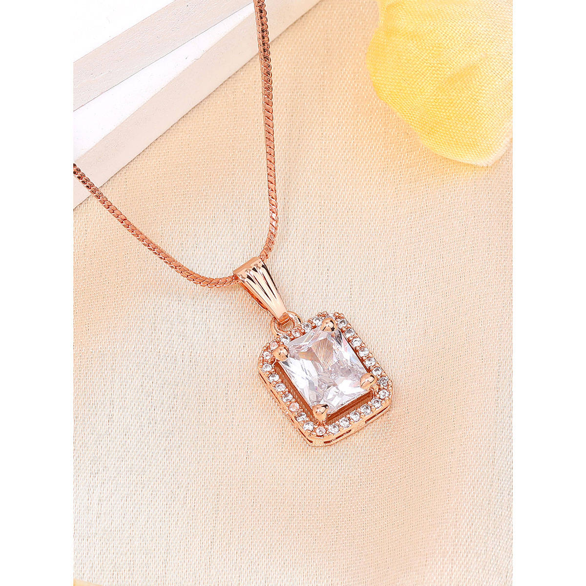 Estele Rose Gold Plated Halo Square Design Cz White Gehenna Necklace