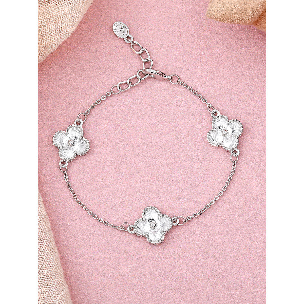Estele Rhodium Plated Stylish Clover Leafy Style Adjustable Charm Bracelet