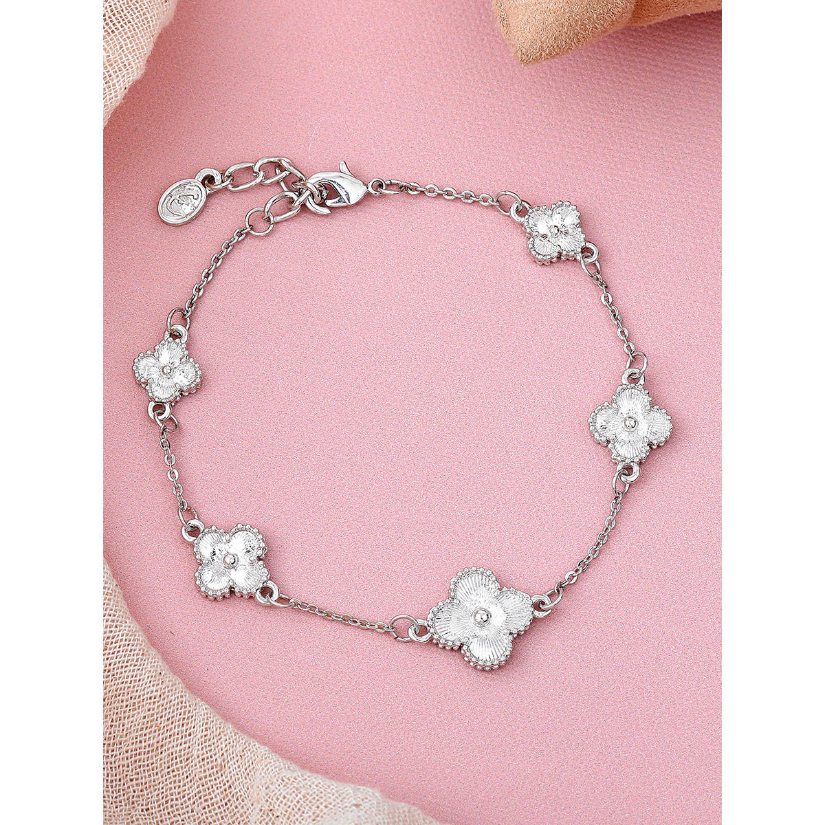 Estele Rhodium Plated Stylish Clover Leafy Style Adjustable Charm Bracelet
