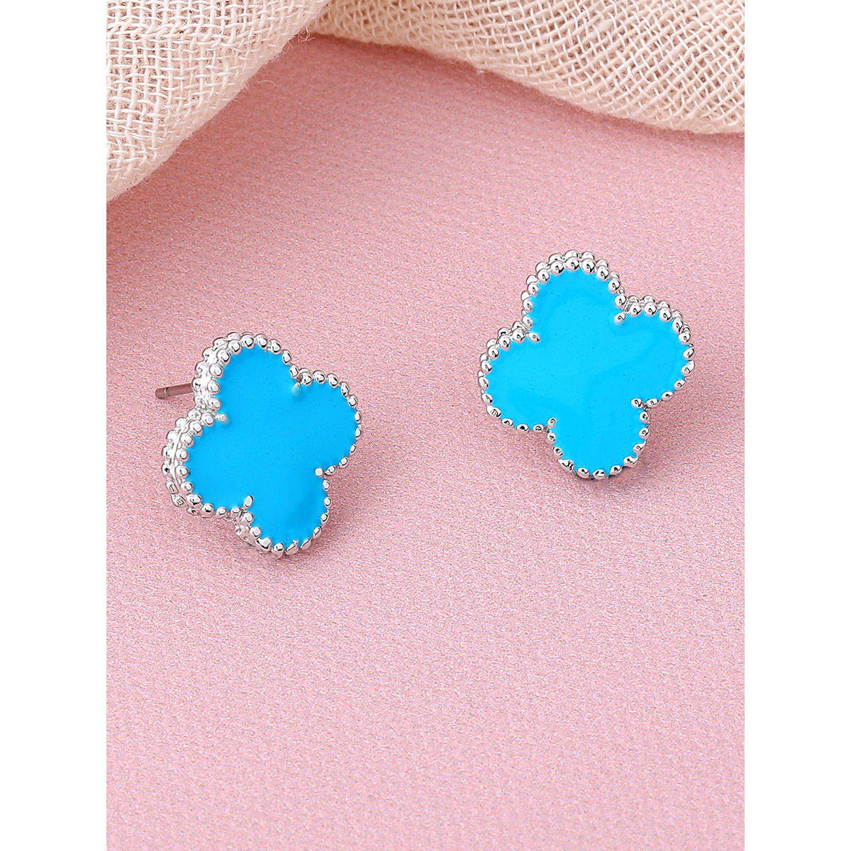 Estele Rhodium Plated Trendy Four Leaf Clover Style Blue Enamel Stud Earrings