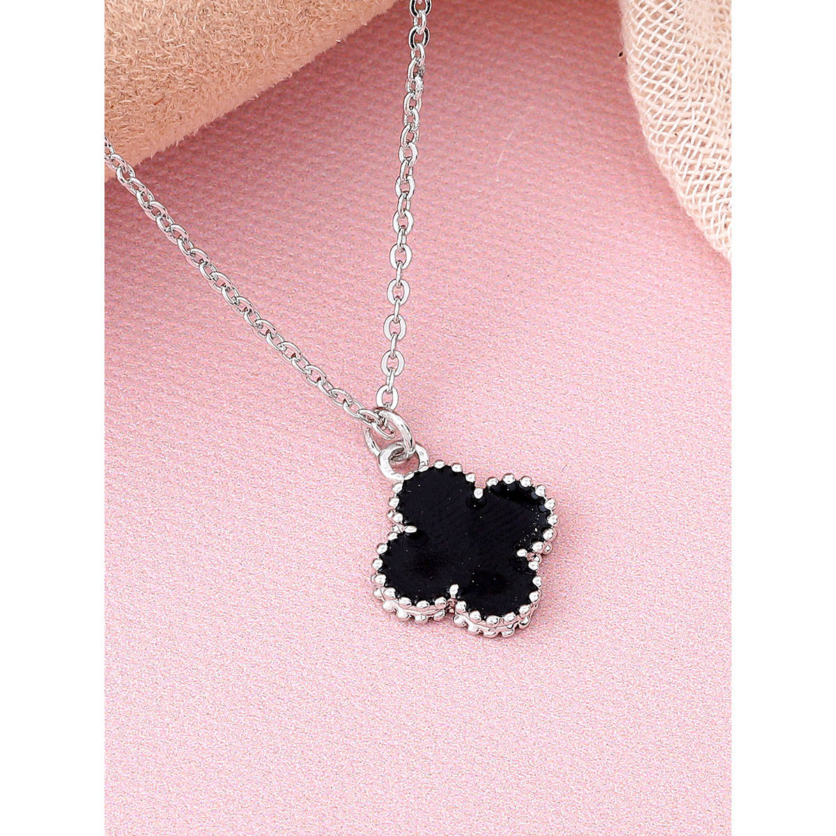 Estele Rhodium Plated Four Leafy Style Clover Black Enamel Necklace