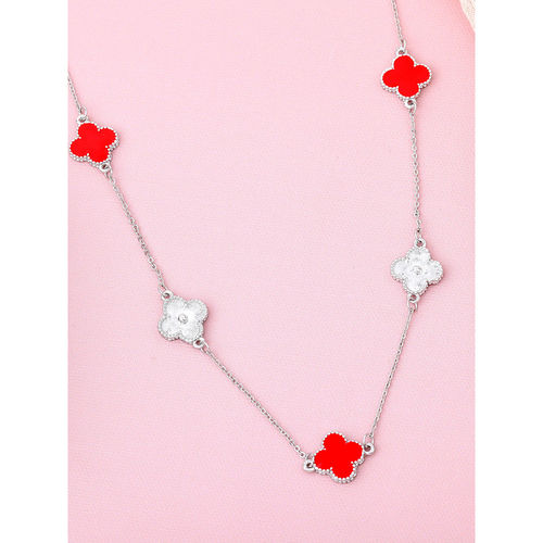 Estele Rhodium Plated Four Leaf Clover Design Red Enamel Long Pendant  Necklace