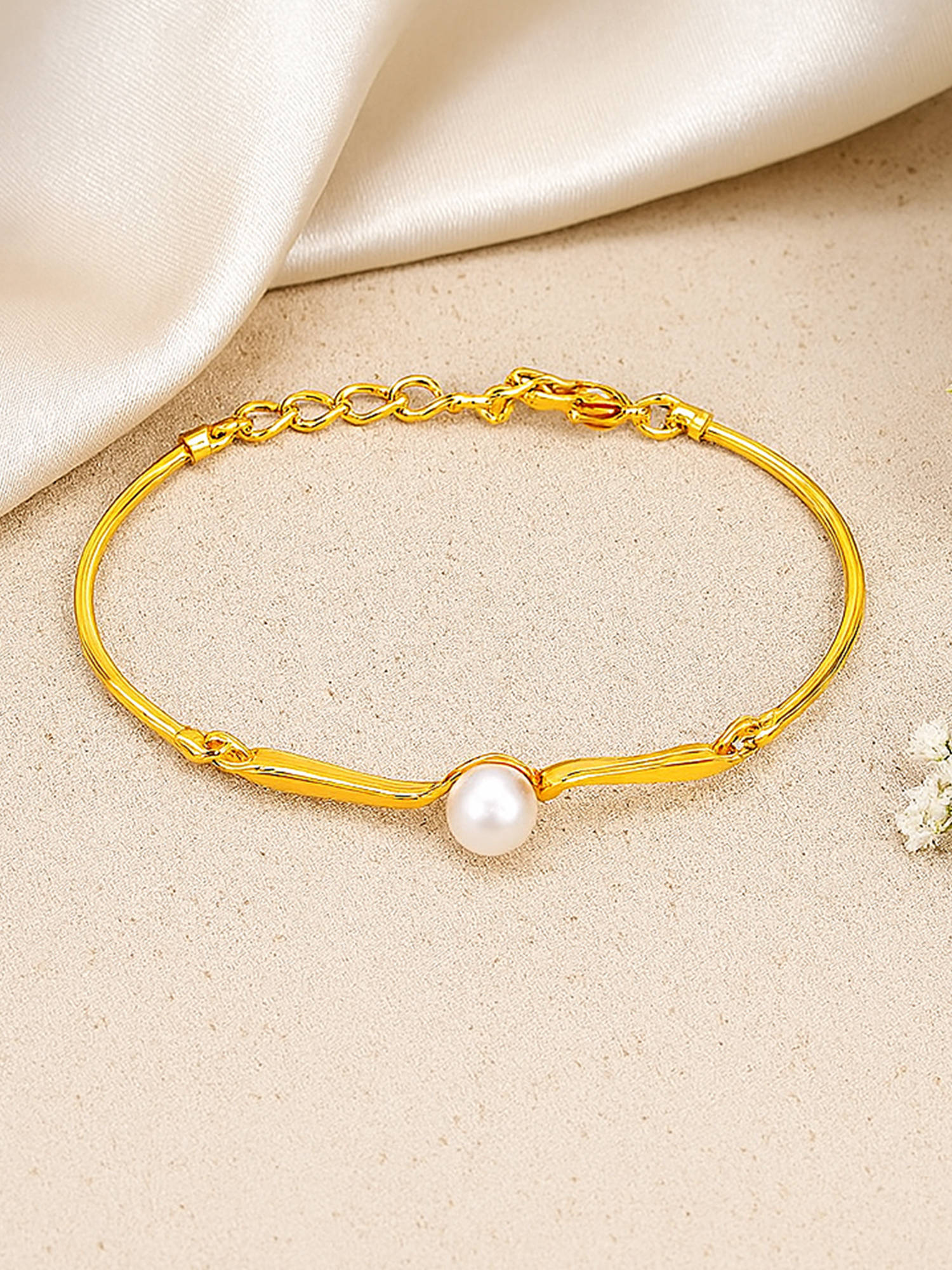Estele Classic Pearl Center Kada|Minimal Gold Finish Bracelet for Office & Casual