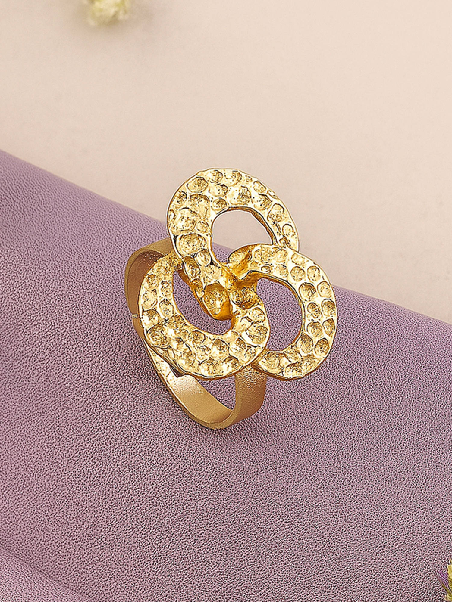 Estele Gold Plated Circle Design Lightweight Adjustable Beaten Gold Finger Ring for Women