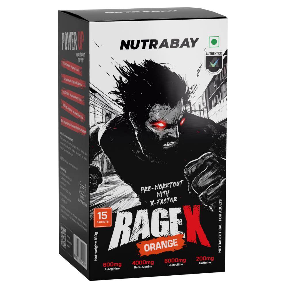 Nutrabay Ragex Pre Workout Supplement Powder - Orange Flavour (15 Sachets)