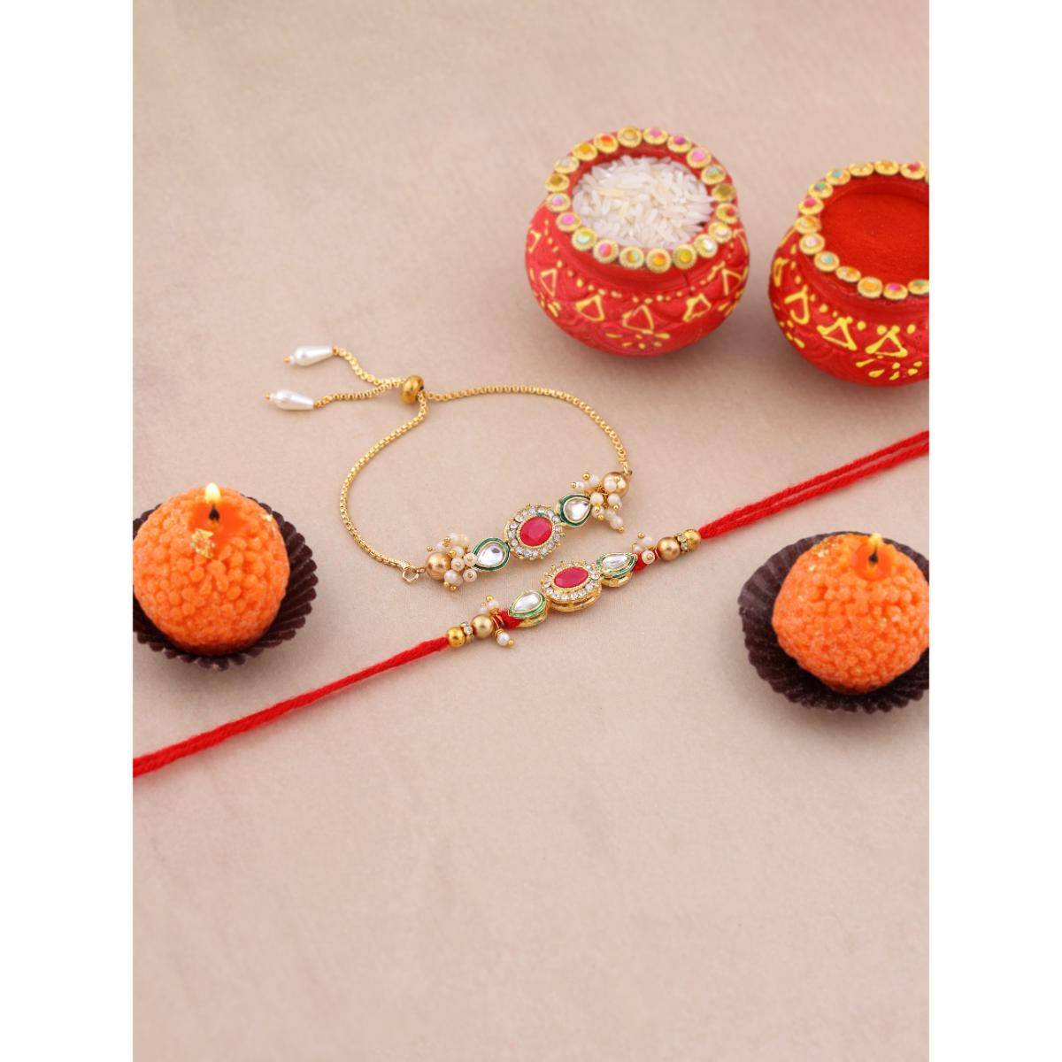 VIRAASI Red Bhaiya Bhabhi Rakhi Gift Set with Candle