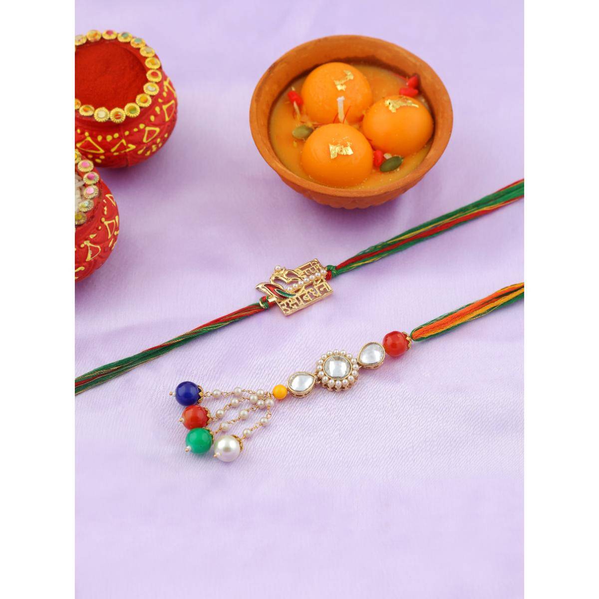 VIRAASI Multi-Color Bhaiya Bhabhi Rakhi Gift Set with Candle