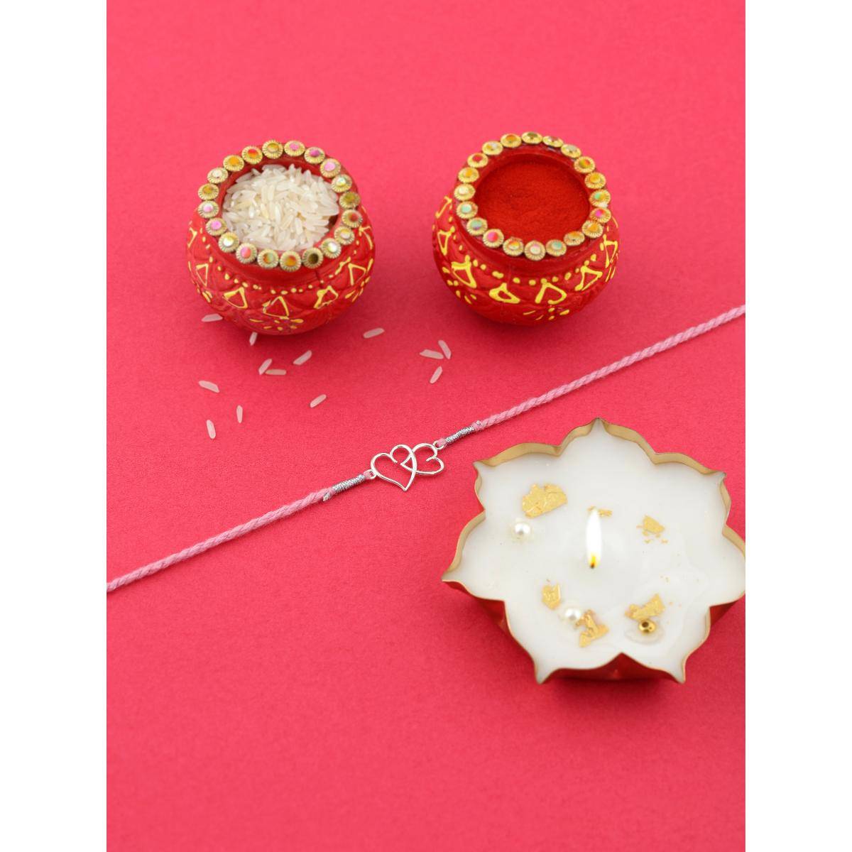 VIRAASI 925 Silver Bhaiya Rakhi Gift Set with Candle