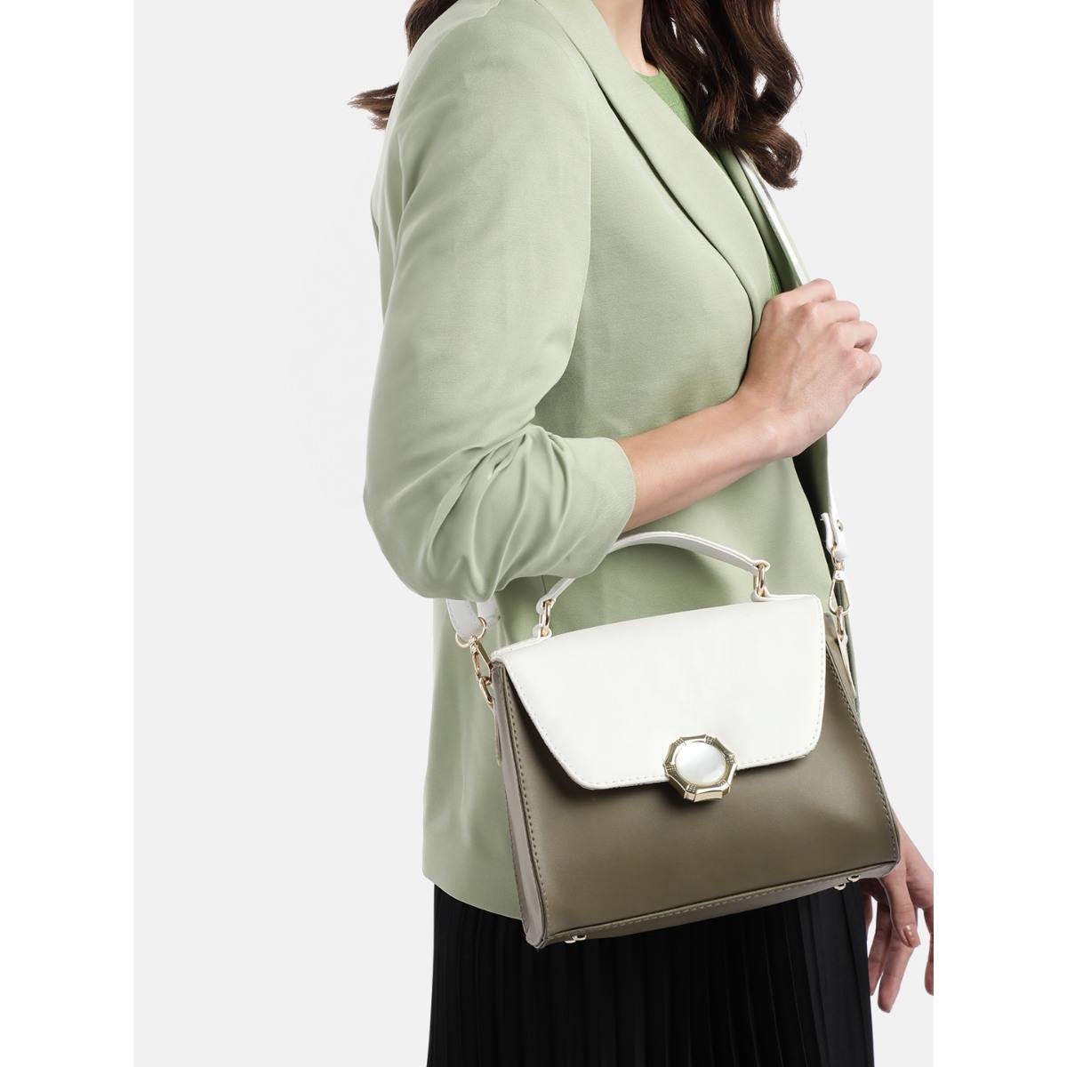 Fabbhue Women's Olive And White Sling Bag
