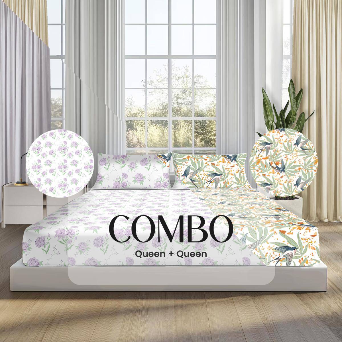 SLEEPSIA Lounge Queen Double Bedsheet Combo (Floral Prints) & Pillow Covers
