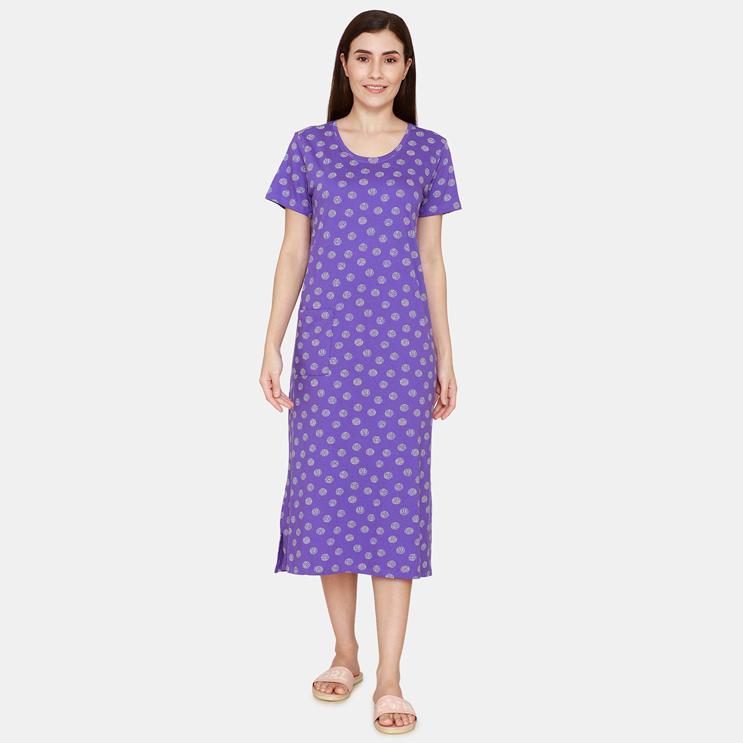 Buy Zivame Impression Knit Cotton Mid Length Nightdress - Purple Online