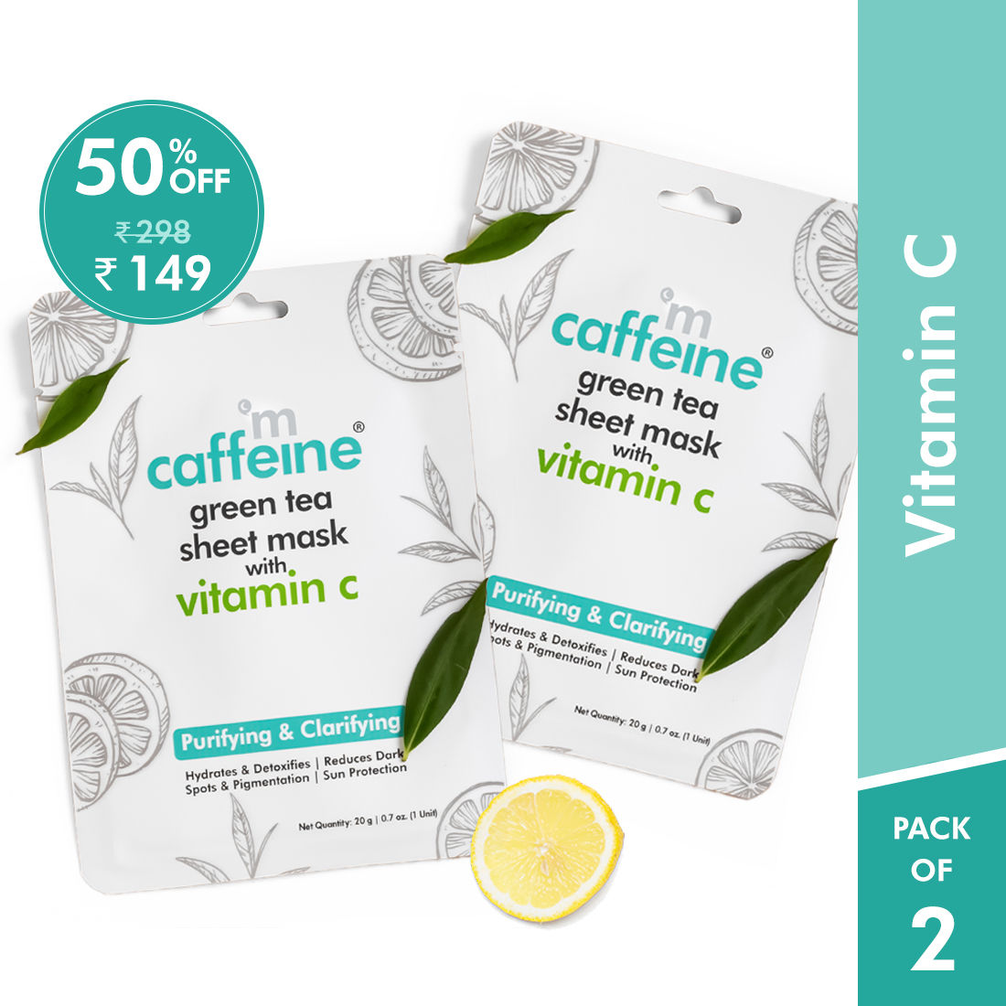 MCaffeine Vitamin C Face Sheet Masks with Green Tea for Dark Spot