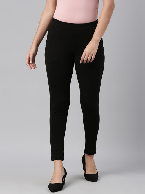Go Colors Women Solid Rayon Mid Rise Ponte Pants - Black (M)