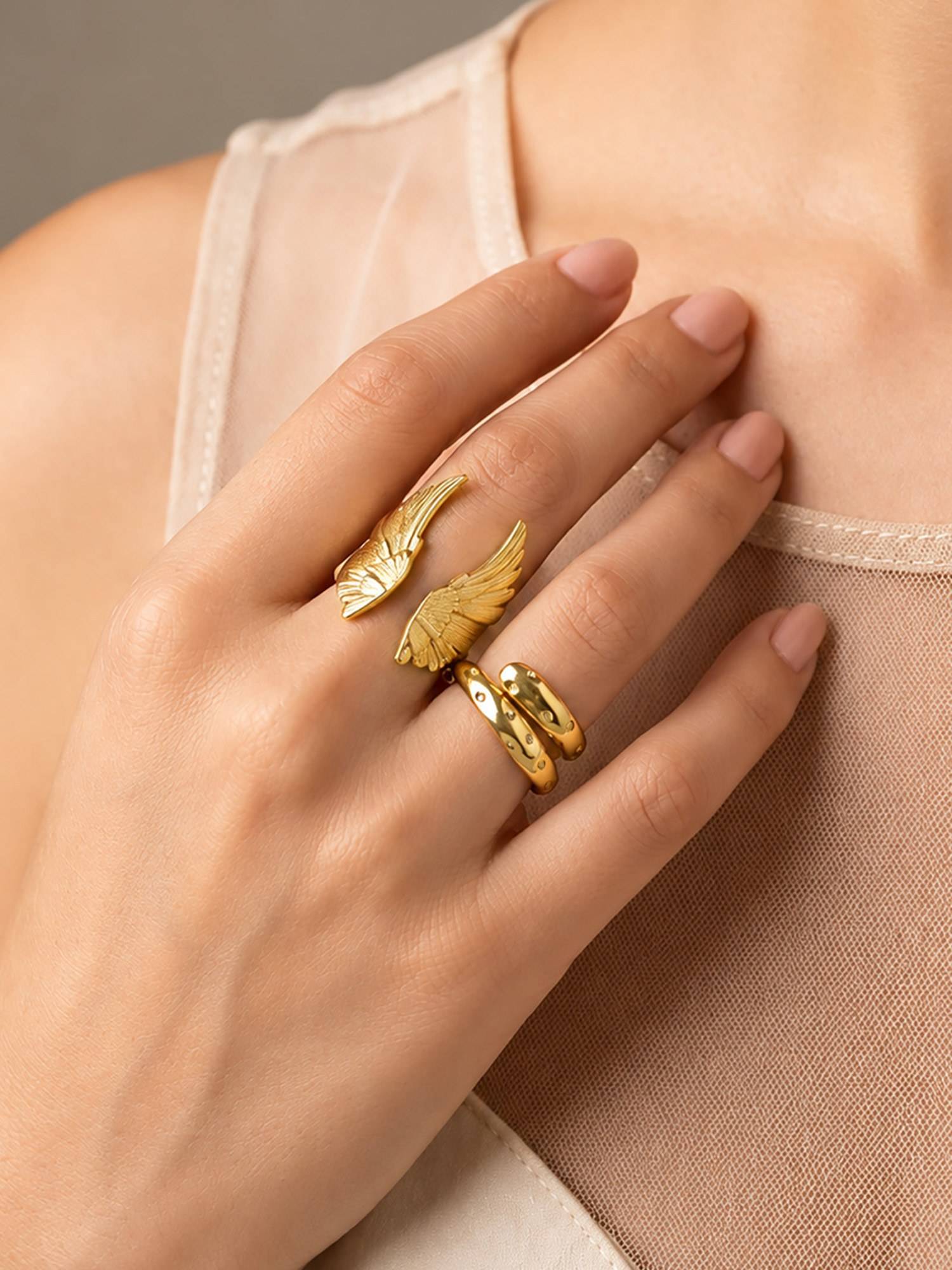 ARTKLIM Angel Wing Ring Duo Adjustable Anti-Tarnish Ring Pack of 2