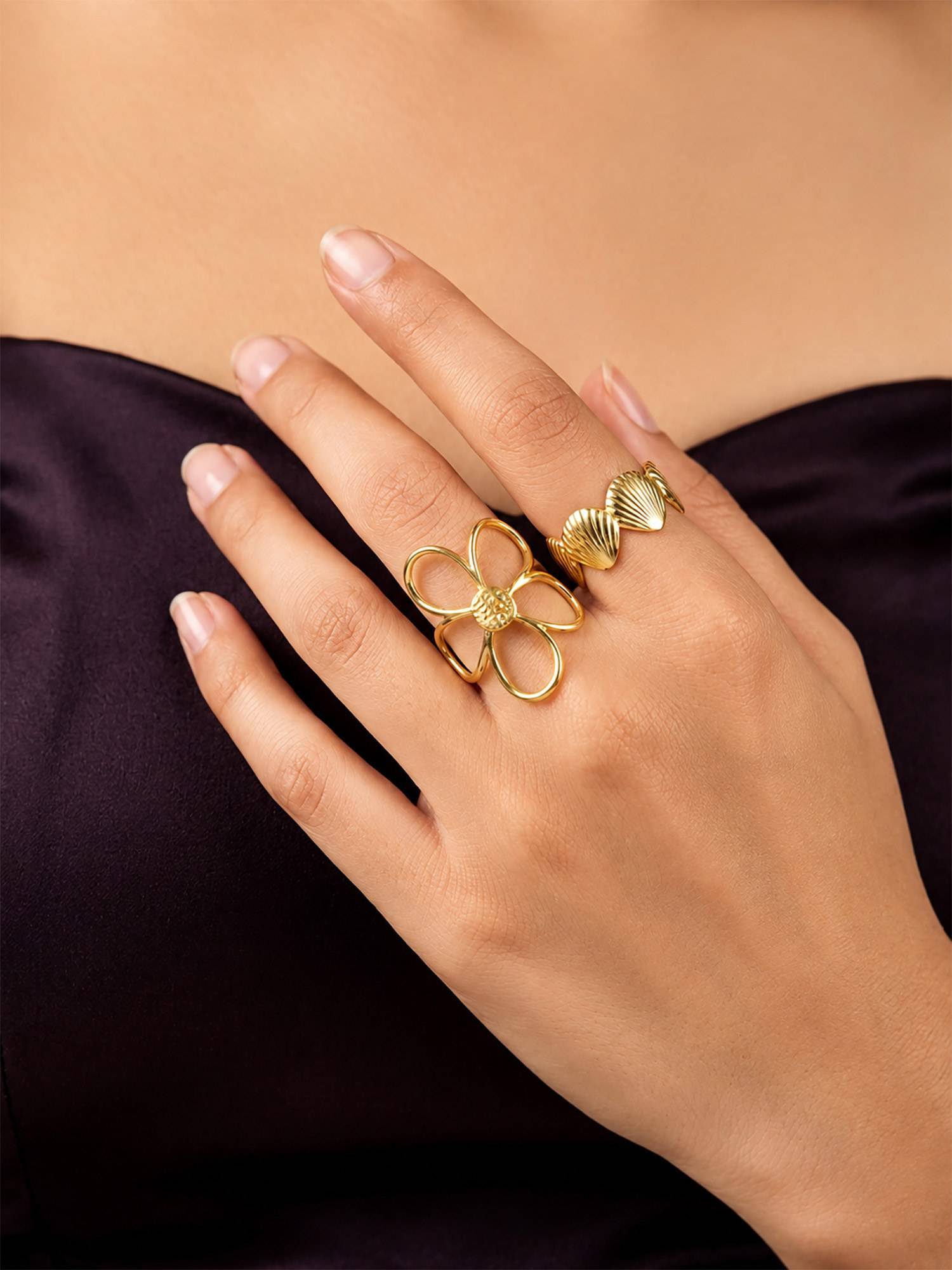 ARTKLIM Flower Petal And Shell Pair Ring Set Adjustable (Pack of 2)