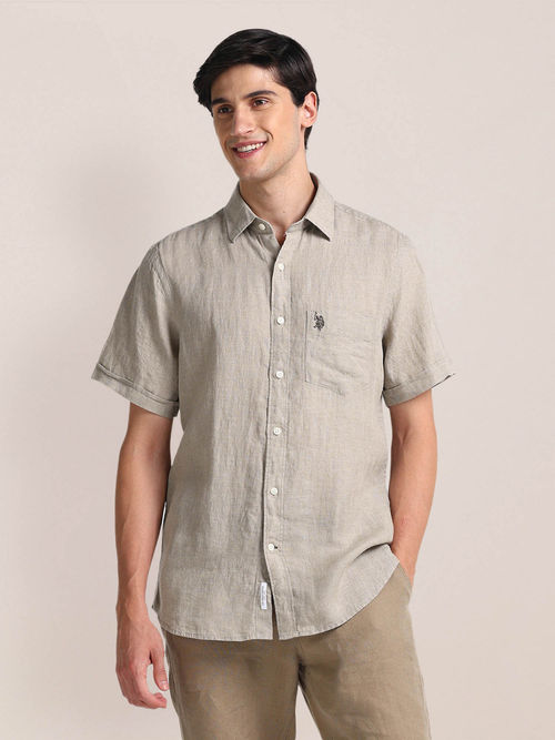 POLO Regular Fit Linen Casual Shirt Half Sleeves Beige