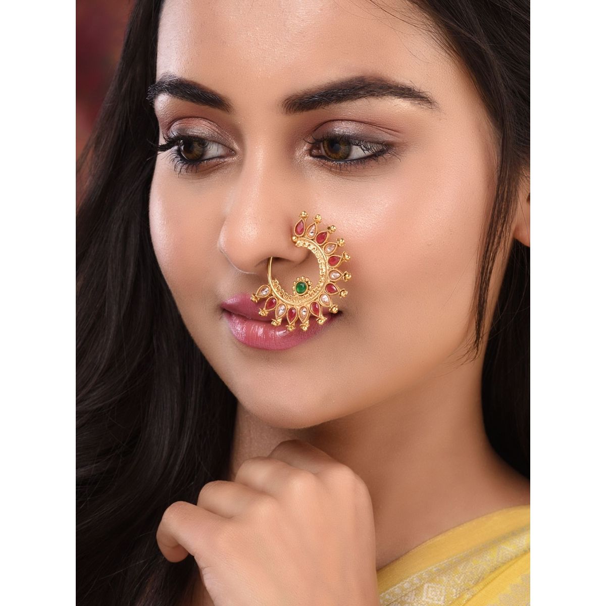 Vail Creations Traditional Maharashtrian Nath Multicolour Gold Plated  Without Piercing Press or Clip on Type Nose Ring Pin for Women - EASYCART