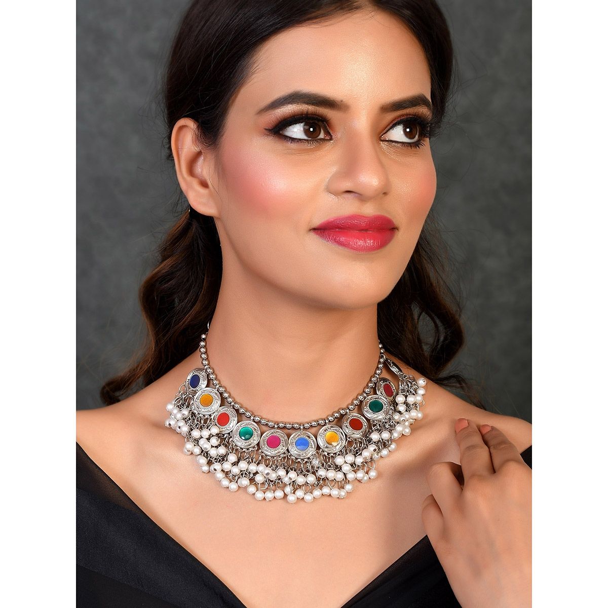 Buy Shoshaa SilverPlated Handcrafted Multi Stones Necklace Online