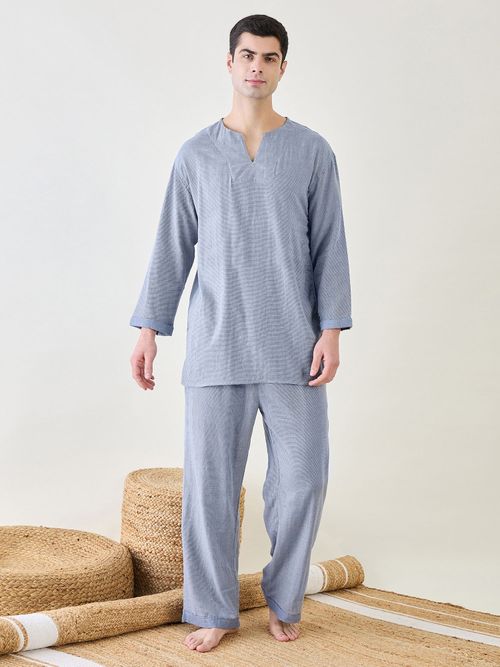 The Kaftan Company Mens Blue Cotton Top and Pyjama (Set of 2) (S)