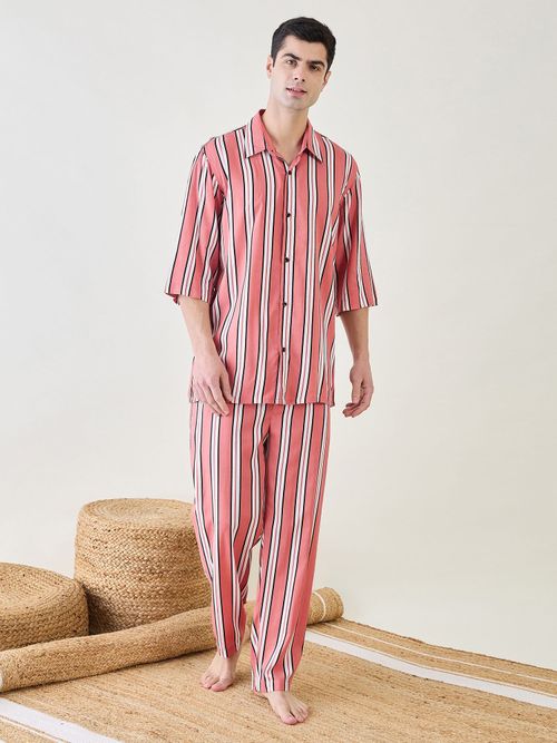 Striped Pajamas Mens Pink Pajama Set Men 2-Piece Shirt Pyjamas Set