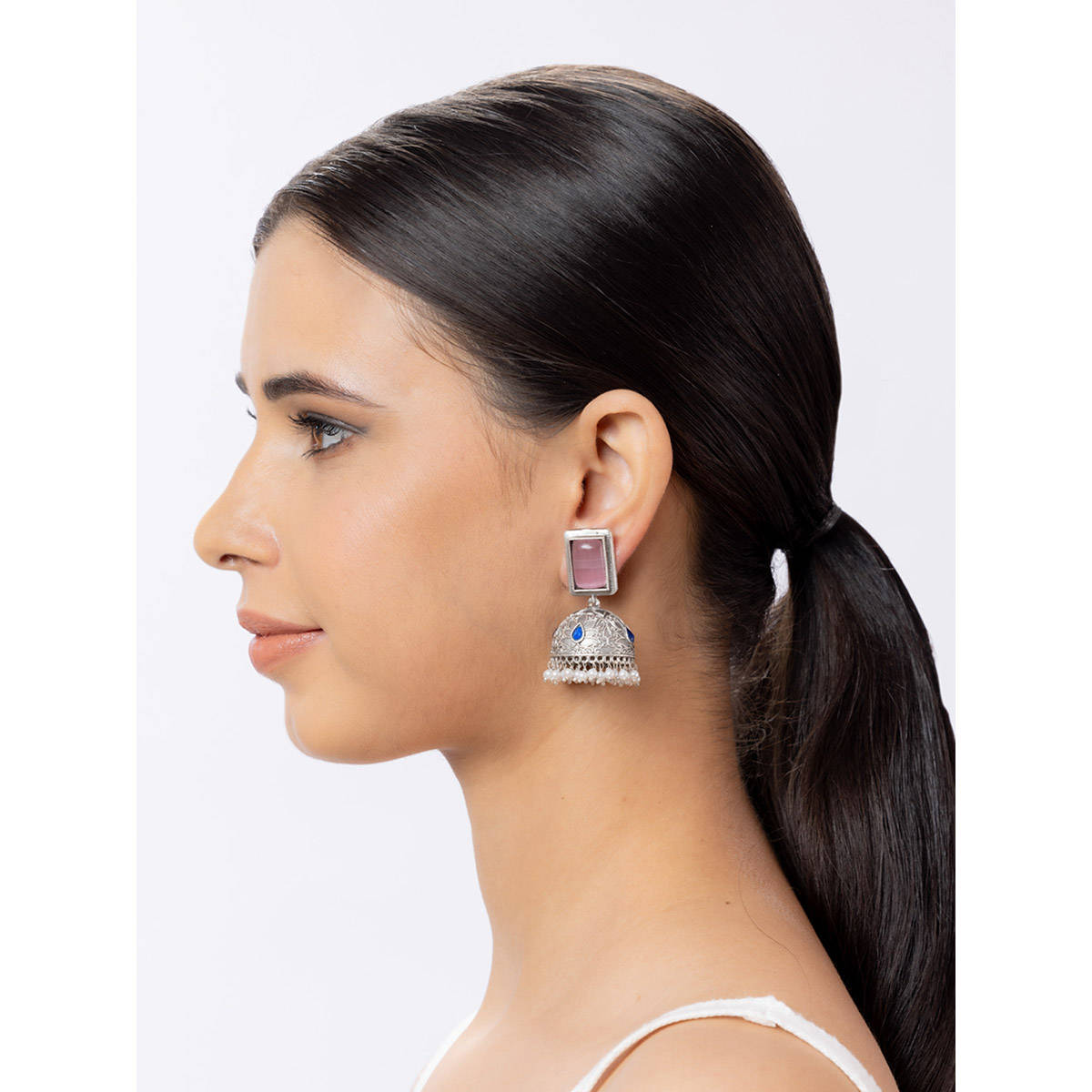 Niscka Silver Oxidised Pink Stone Jhumki Earrings