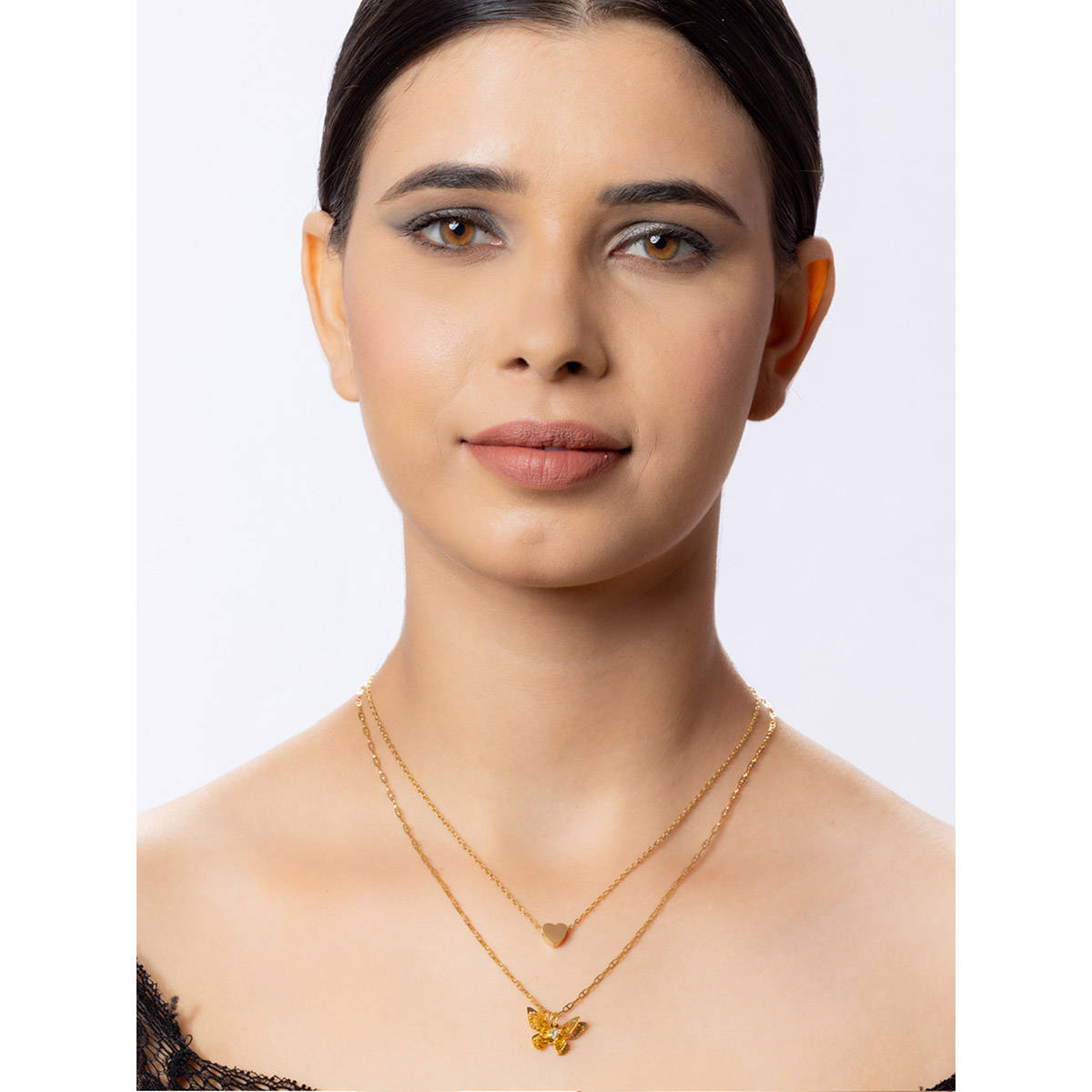 Niscka Gold Plated Cuddly Heart and Butterfly Double Layered Pendant Necklace