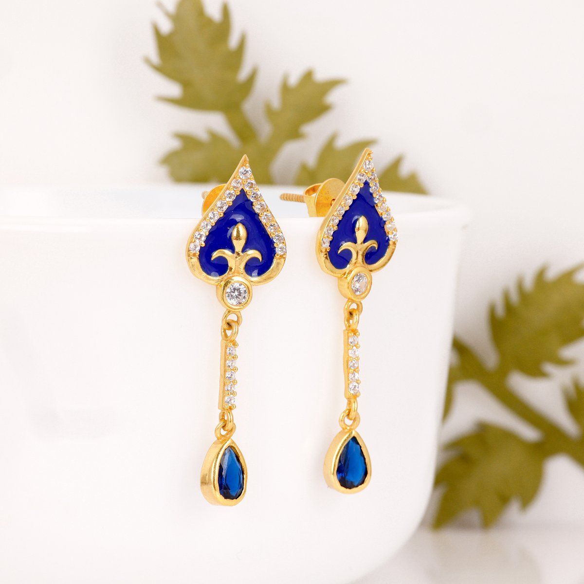 Yellow 9K gold earrings  clear zircon tear of dark blue colour glittery  rim  Jewellery Eshop EU