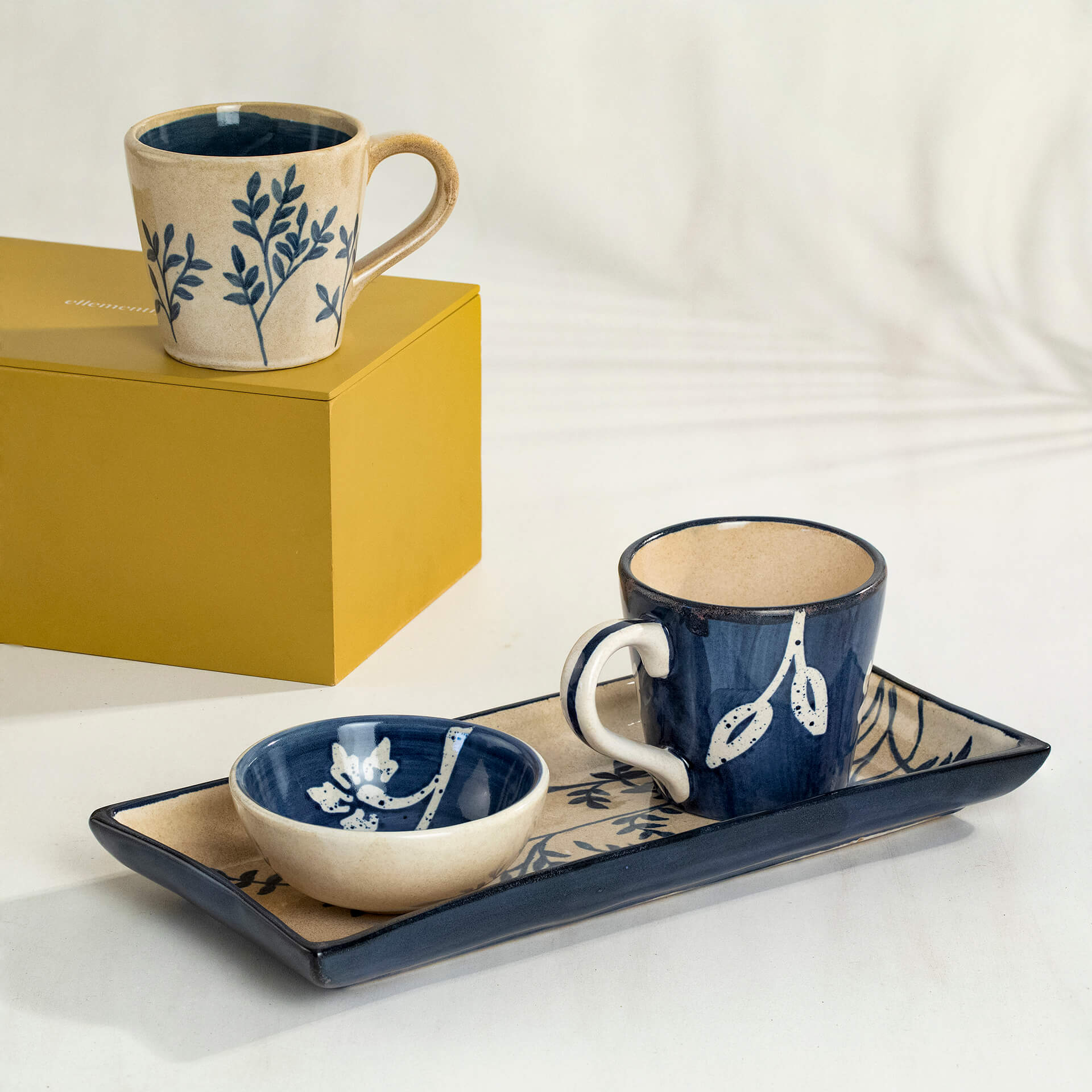 Buy Ellementry Converse Tea Set (2 Cups,1 Bowl & 1Platter) + Engineered Wooden Box Online