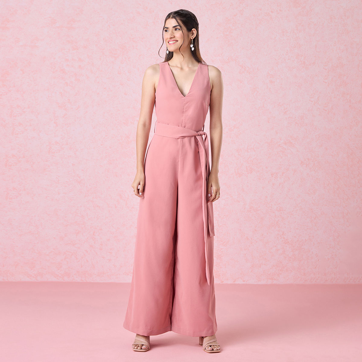 Twenty Dresses by Nykaa Fashion Pink V Neck Sleeveless Jumpsuit (Set of 2)  (S)