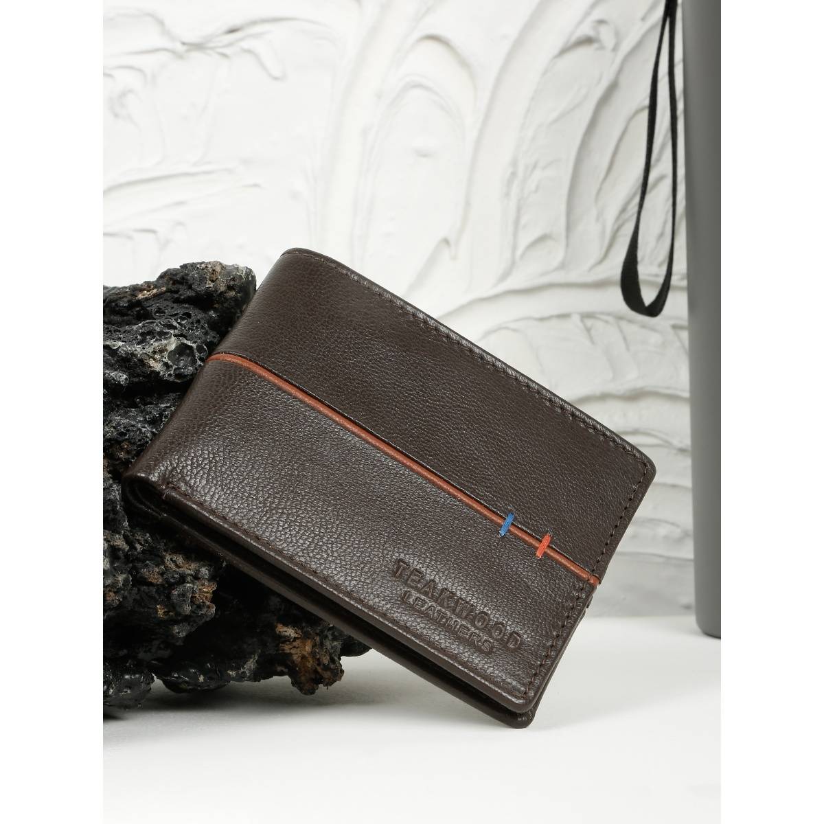 Teakwood Men'S Dark Brown Leather Two-Fold Wallet with Contrasting Brown Piping
