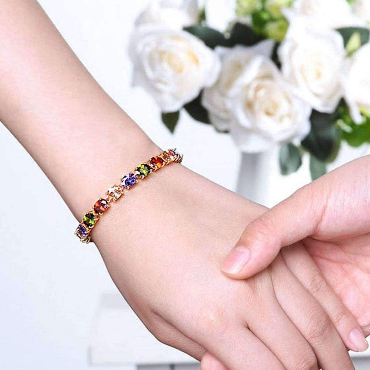 Yellow Chimes Rose Gold -toned Studded Swiss Zircon Multicolor Oval Bracelet