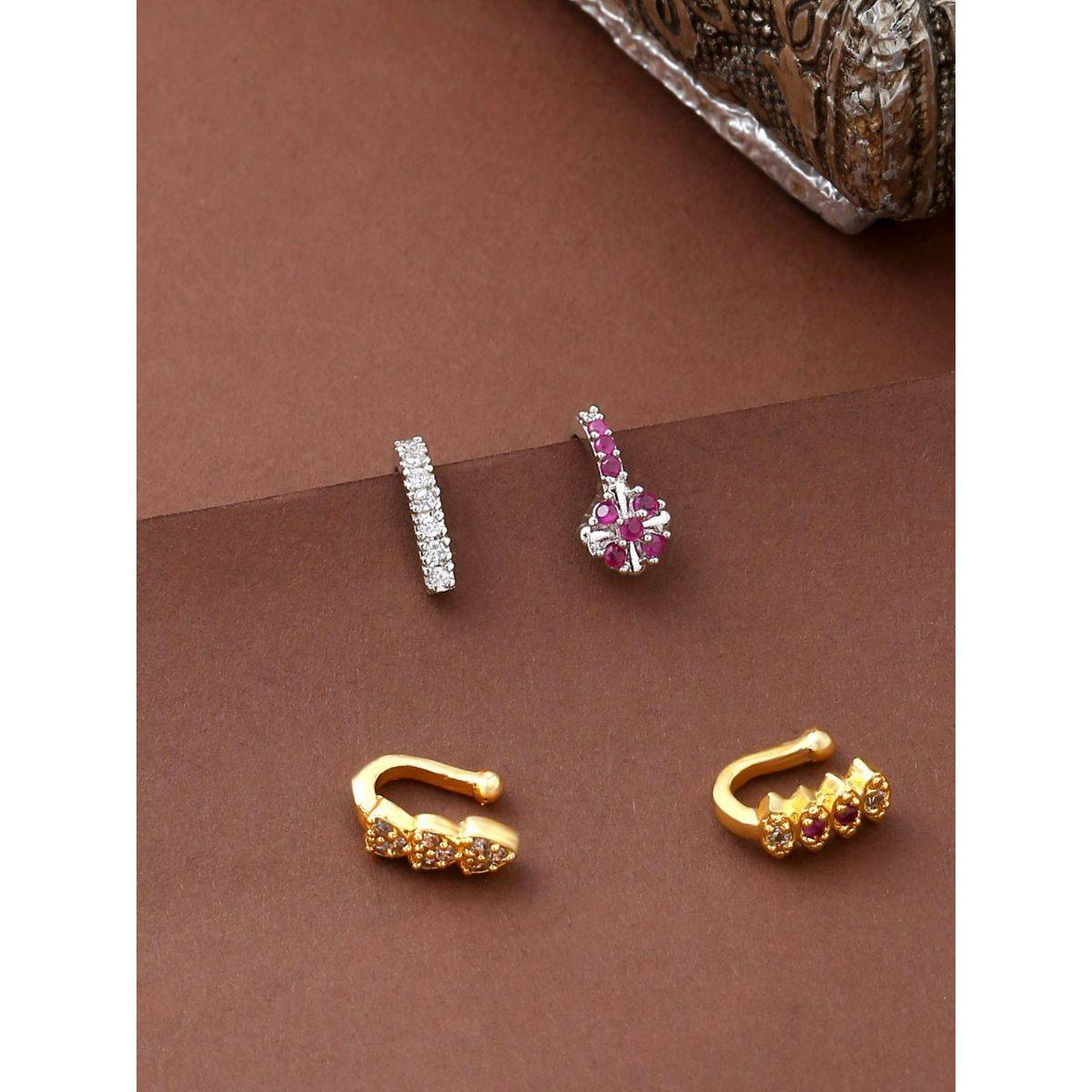 Yellow Chimes Gold-Plated And Silver-Plated White Ad-Studded Nose Pin (Set of 4)
