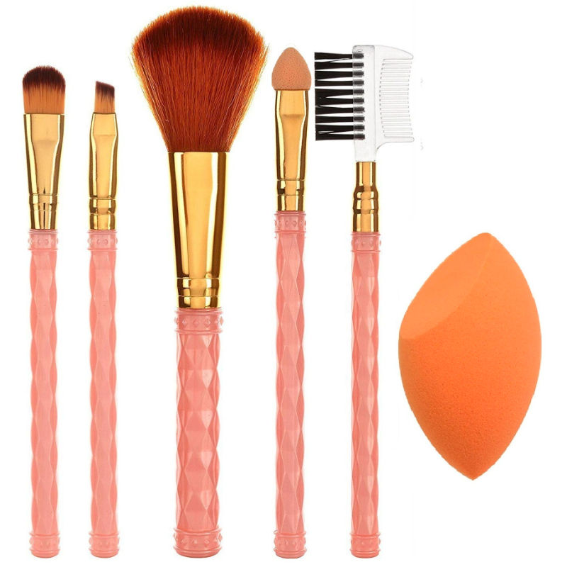 AY Makeup Brush Set Of 5 With 1 Cut Shape Makeup Sponge Puff (Color May Vary)