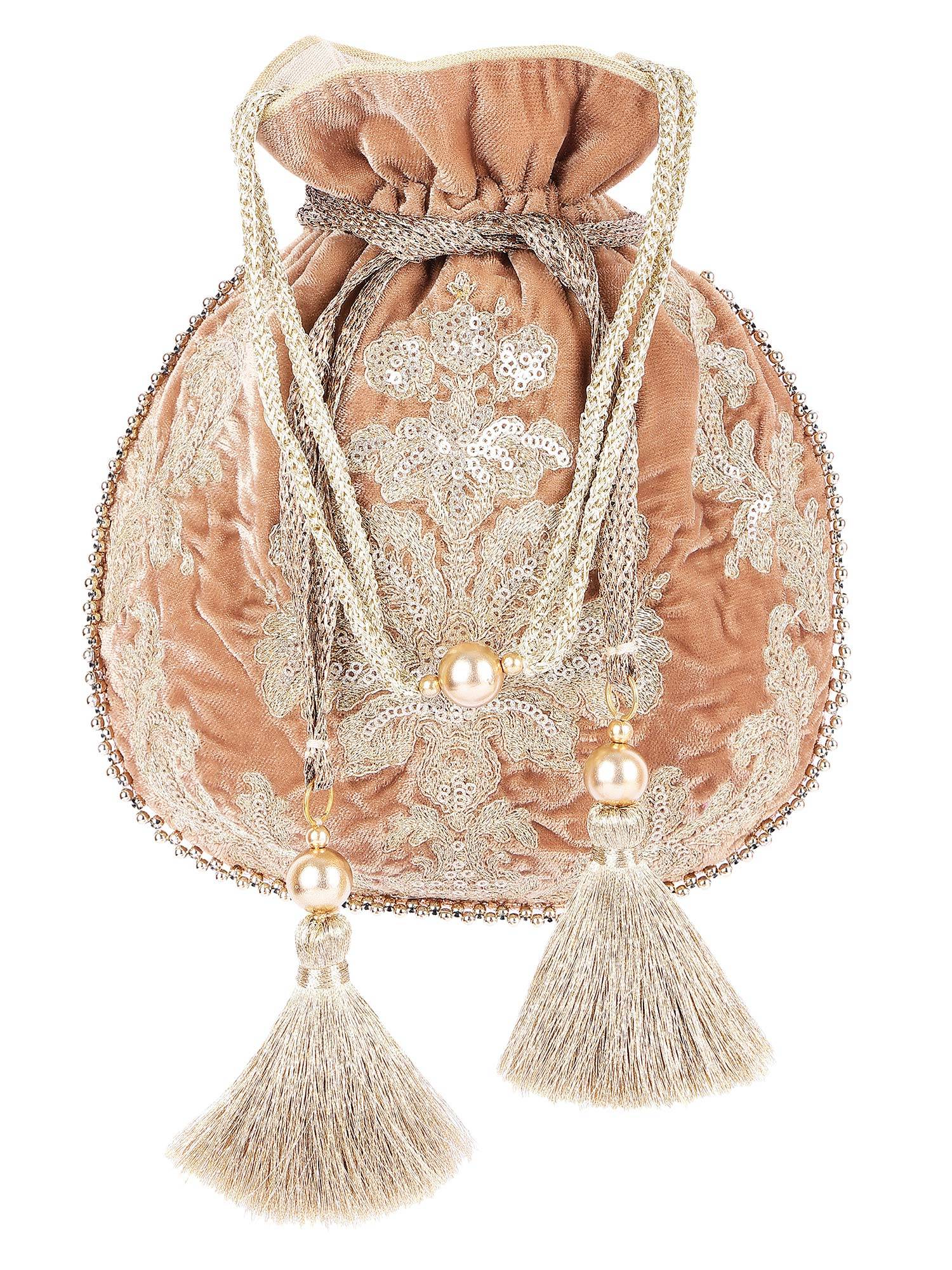 MasQ Women's Velvet Beige Antique Flower Embroidered Potli Bag