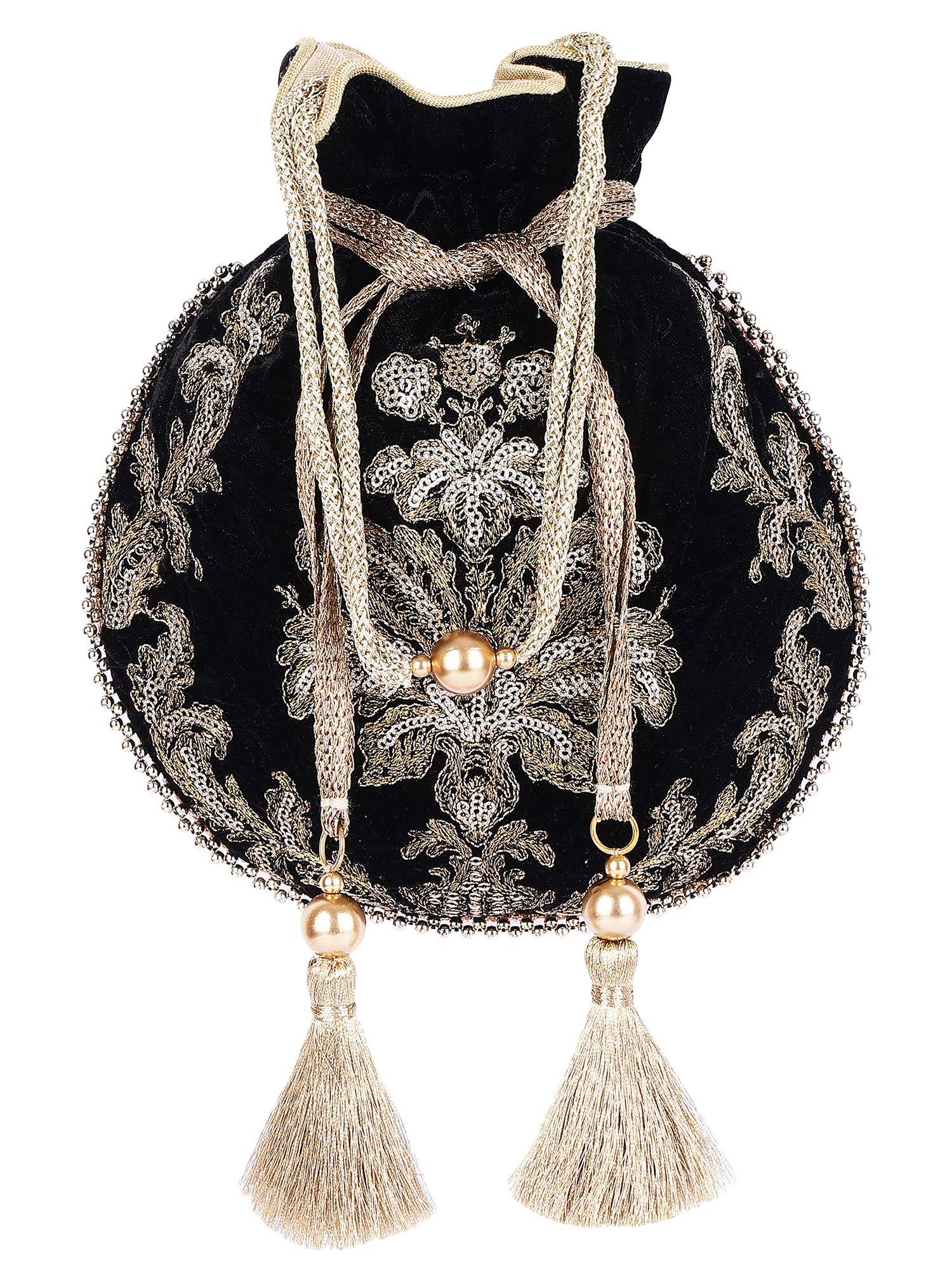 MasQ Women's Velvet Black Antique Flower Embroidered Potli Bag